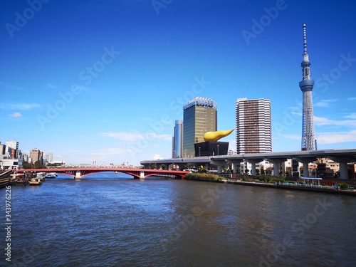 TOKYO, JAPAN - APRIL 12, 2018: View of the City of Tokyo with Tokyo Skytree which is the tallest tower in the world and the tallest structure in Japan by Sumida River 