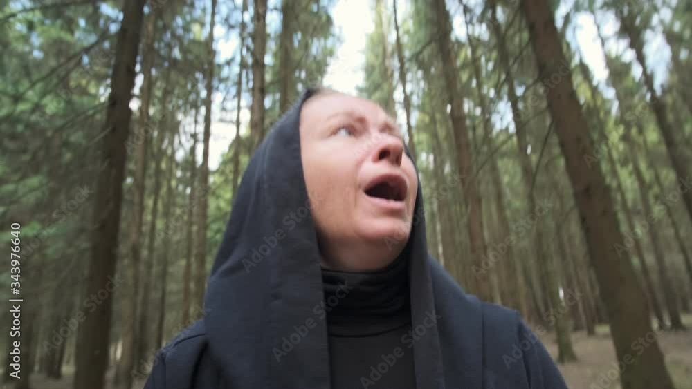 Portrait of woman lost in coniferous forest. Portrait of woman lost in coniferous forest.