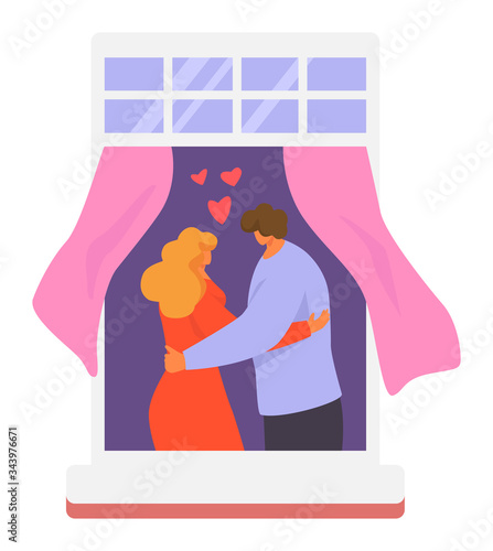 Neighbors people in window vector illustration. Cartoon active man woman or couple characters live in neighboring home apartments, building facade with windows. Flat residential house neighborhood set