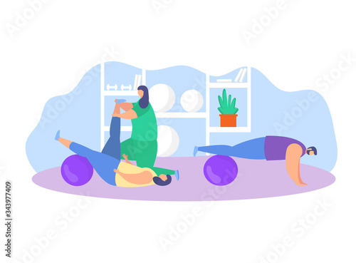 Physiotherapy rehabilitation assistance vector illustration. Cartoon flat patient character on physical rehabilitating therapy with physiotherapist doctor, sport exercise in gym icon isolated on white