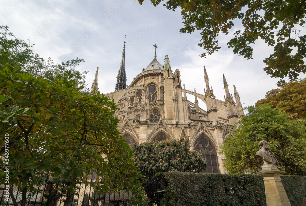 The east facade of catholic cathedral Notre-Dame de Paris.