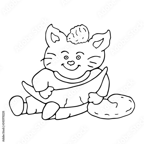 Fototapeta Naklejka Na Ścianę i Meble -  Cute little fluffy cat in pajamas smiles and holds crescent moon. Kind cartoon character kitten. Hand drawn vector illustration. Best design for kids room, postcard, t-shirt, cup. Coloring page.
