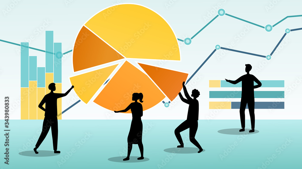 Concept Of Business And Financial Analysis, Trends Forecast And Teamwork. Black Silhouettes Of Business Characters Making Pie Chart, Holding Pieces In Hands. Cartoon Flat Style. Vector Illustration Concept Of Business And Financial Analysis, Trends Forecast And Teamwork. Black Silhouettes Of Business Characters Making Pie Chart, Holding Pieces In Hands. Cartoon Flat Style. Vector Illustration