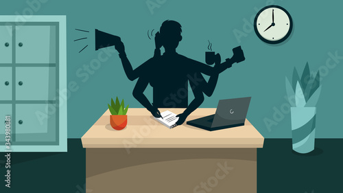 Concept Of Possibility Doing Many Tasks Simultaneously And Time Management. Busy Self Confident Businessman With Many Hands Do His Office Multitasking Job. Cartoon Flat Style. Vector Illustration