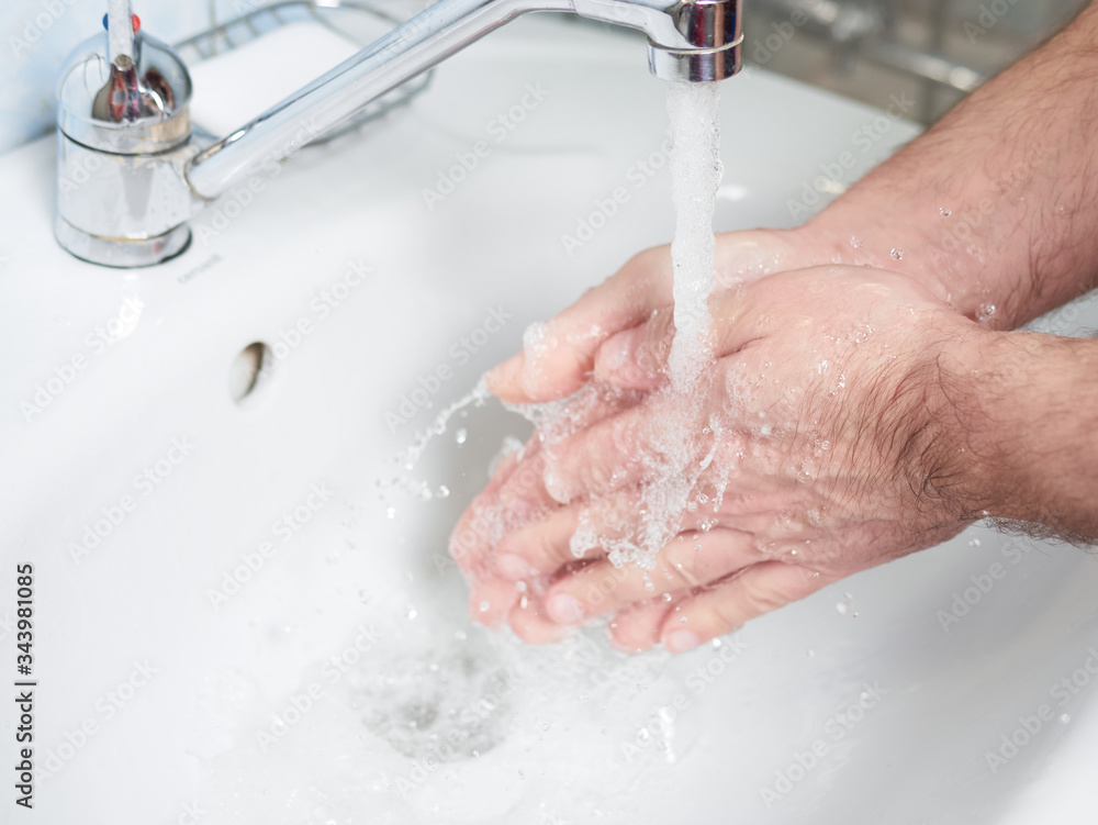 Fototapeta premium Wash hands with soap. Coronavirus protect. COVID-2019 prevention