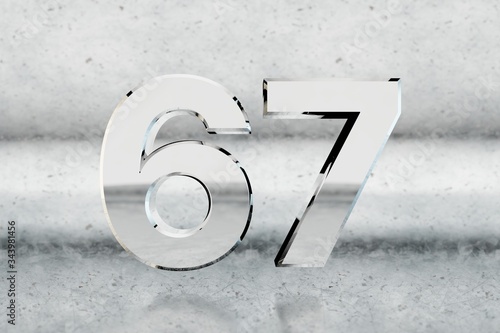Chrome 3d number 67. Glossy chrome number on scratched metal background. 3d render.
