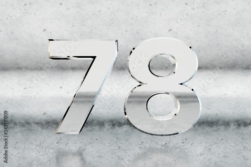 Chrome 3d number 78. Glossy chrome number on scratched metal background. 3d render. photo