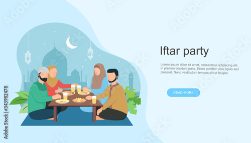 Islamic family Iftar eating After Fasting. Family dinner on Ramadan Kareem or celebrating Eid mubarak.  landing page or hero image templates, banners, poeter and social media.