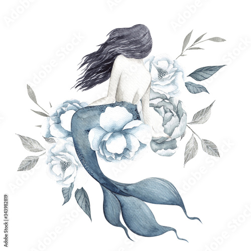 Fotografia Watercolor illustration with Mermaid and elegant flowers, isolated on white back