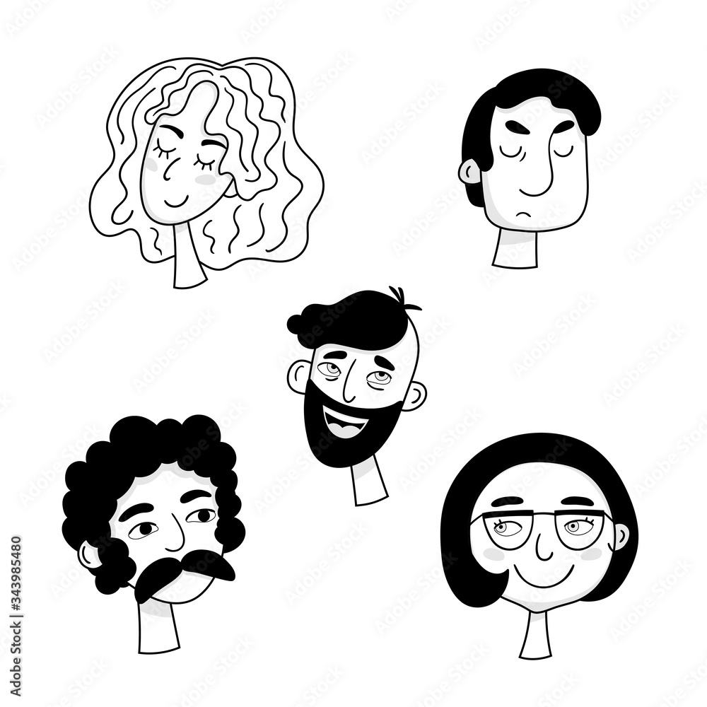 Set of cartoon faces of people with different emotions. Black and white vector characters. Set of cartoon faces of people with different emotions. Black and white vector characters.