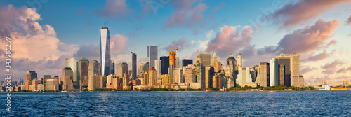 High resolution panoramic view of lower Manhattan in New York City taken from the NY harbor photo