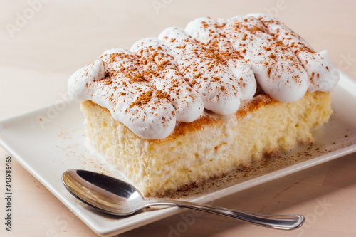 Tres leches cake, typical Latin American dessert, is made of condensed milk, evaporated milk and milk cream
