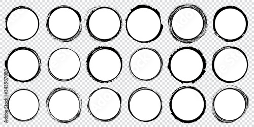 set of black round banners - brush painted circle on transparent background