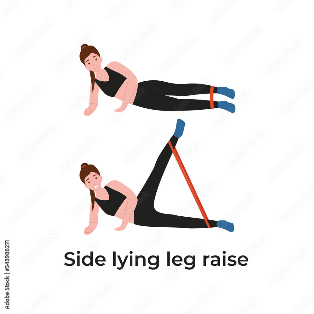 Booty or glutes workout with resistance bands. Side lying leg raise,  lateral leg lifts. Stay home and do sport. Flat vector cartoon modern  illustration. Stock Vector