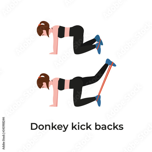 Booty or glutes workout with resistance bands. Donkey kick backs. Stay home and do sport. Flat vector cartoon modern illustration.