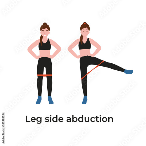 Booty or glutes workout with resistance bands. Leg side abduction concept, lateral leg lifts. Stay home and do sport. Flat vector cartoon modern illustration.