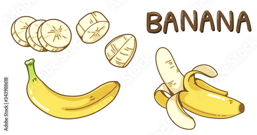 Abstract cute banana cartoon clipart. The word "banana" is a cute brown character. Kawaii fruit style,
Vector illustration. Whole, peeled and slice bananas Isolated on white background.
