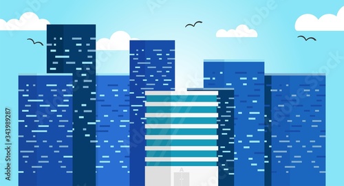 Skyscrapers, business buildings in the city center. Big business towers, buildings. Birds flying over the towers clouds and sky. Isolated flat vector on background.