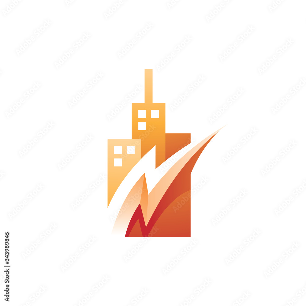 Building Skyscraper City and Bolt Lightning Thunder Flash Energy Electricity Logo Icon