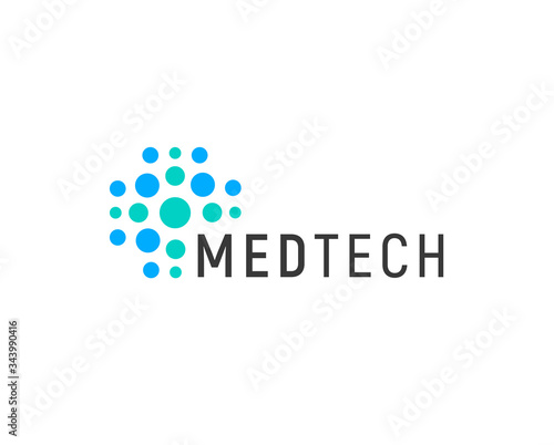 Medical technology logo concept, abstract blue dotted cross, vector illustration