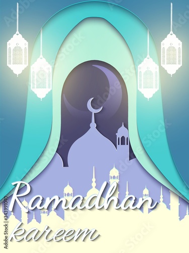 Ramadan kareem (means generous) banner for brochure, poster, flyer design and greeting card. Download Ramadan design vector with mosque and lampion illustration.