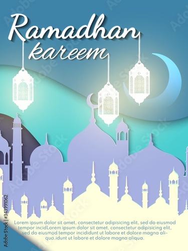 Ramadan kareem (means generous) banner for brochure, poster, flyer design and greeting card. Download Ramadan design vector with mosque and lampion illustration.