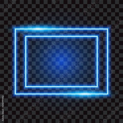 Blue neon frame, with two rectangles on transparent background, vector illustration.