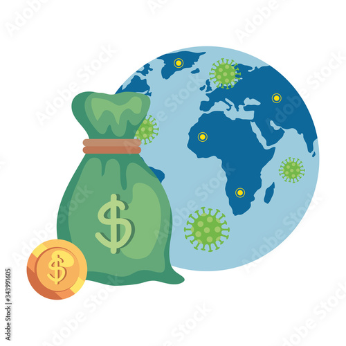 money bag with world planet and particles covid 19 vector illustration design
