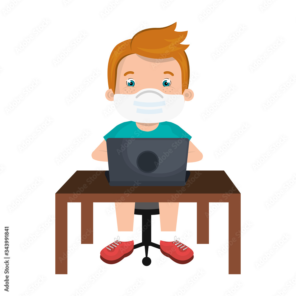 boy using face mask with laptop studying online vector illustration design