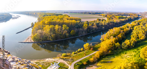 Panoramic scenery view of Danube and Morava rivers. Confluence of two rivers. View from Devin Castle near Bratislava, Slovakia on the border with Austria photo