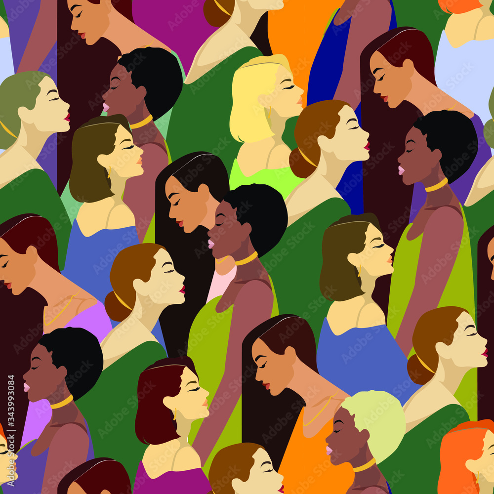 fashion illustration pattern and placard with different womans