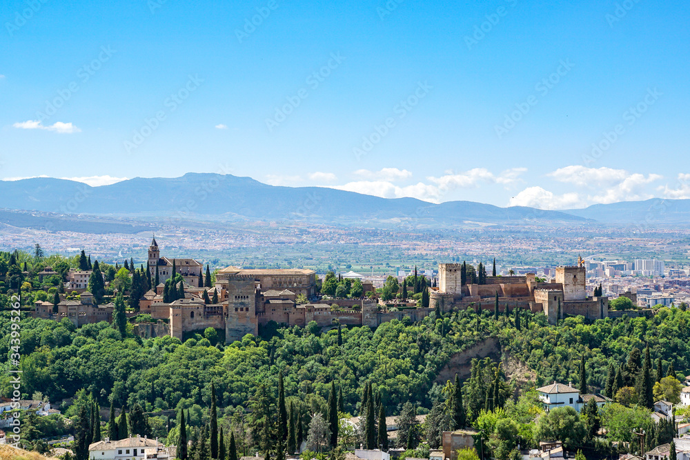 Panoramic view of Alhambra palace from Albaicin of Granada, Spain.