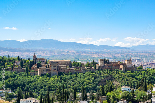 Panoramic view of Alhambra palace from Albaicin of Granada, Spain.