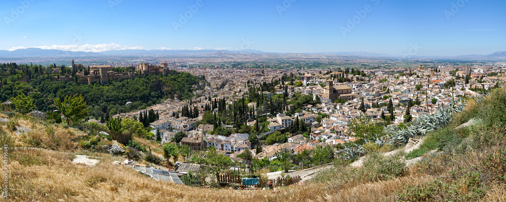 Panoramic view of Granada from Albaicin of Granada, Spain. With Alhambra palace.