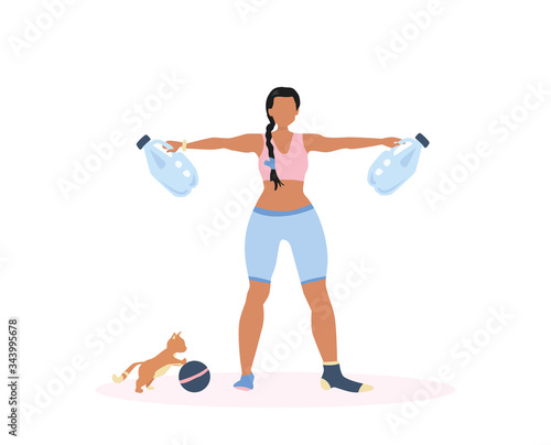 Homemade dumbbell. Woman shows home exercise with improvised kettlebells made from bottle of water during coronavirus quarantine. Weight training. Kitten playing with ball. Isolated, flat. stock.
