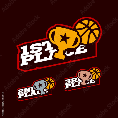 Basketball or streetball Victory competition set Typography sport ball and cup in retro style emblem vector concept with golden, silver and bronze cup trophies. Championship prize. Triumph in sports