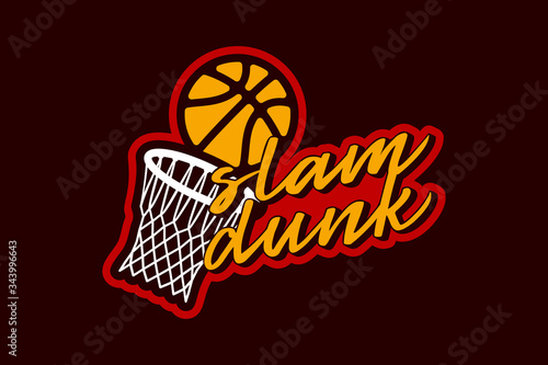 Vector Typography basketball slam dunk sport retro style sticker emblem and template logo design. Funny greetings for clothes, card, badge, icon, postcard, banner, tag, stickers, print.