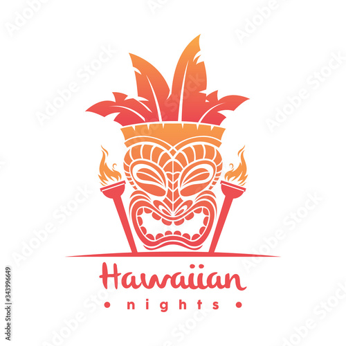 Tiki mask vector illustration logo. Icon of ethnic or character smiling. Symbolize power. Hawaiian totem template.