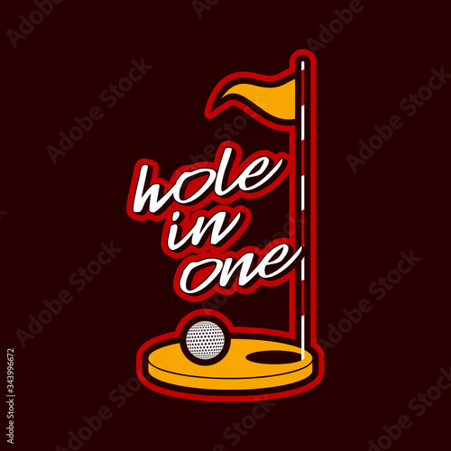 Vector golf hole with flag sticker illustration. Game equipment sporty emblem or logotype. Professional sport, classic golf hole for official competitions and tournaments