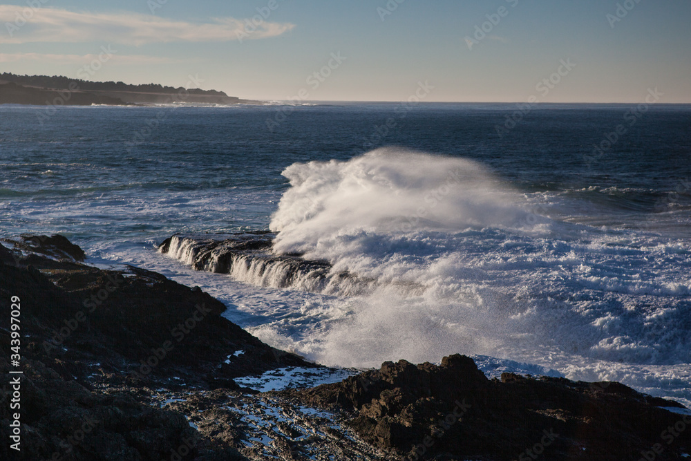 Powerful waves continuously crash on the rocky coastline of northern California. This beautiful region is known for its amazing scenery and is accessible via the Pacific Coast Highway.