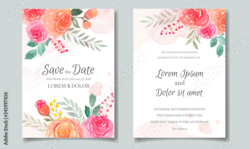 Wedding invitation card set template with floral and leaves watercolor © mariadeta