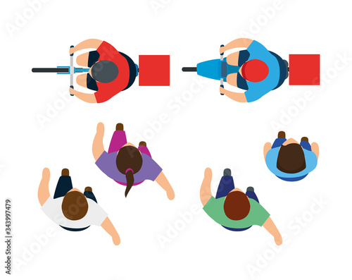 campaign of social distancing for covid 19 with view aerial of delivery workers and people vector illustration design