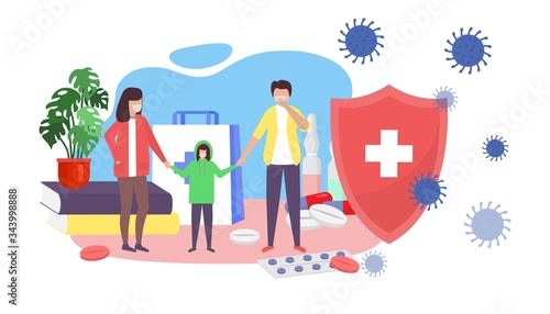 Coronavirus stay safe mask use vector illustration. Protection against bacteria infection, family character with child. Information about coronavirus, taking pills, antiviral drugs, vaccine.