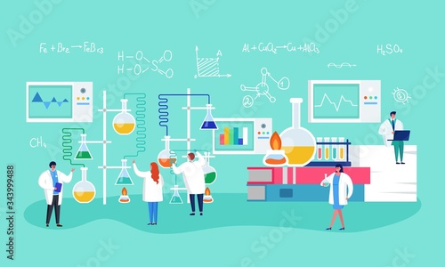 Innovate laboratory research, vaccine formulation vector illustration. Medical scientists conducting chemical experiment creating medicine. Cones with reagents, liquid, connecting tubes.