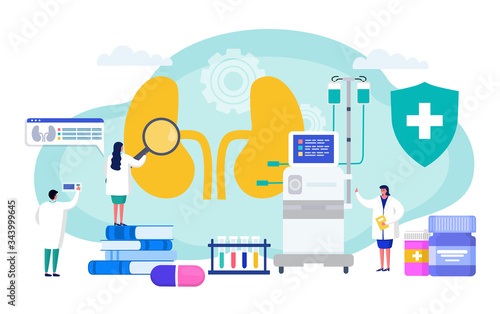 Kidney failure professional treatment, hemodialysis concept vector illustration. Special device for treating internal organ. Doctor in medical coat examine kidney through magnifier, connect device.