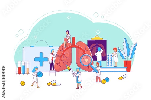 Line lung disease study and treatment, concept vector illustration. Doctors and nurses around enlarged lungs, look at organ state, listen through stethoscope for breathing. Doctor analyzes x-ray.