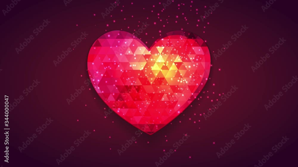 Random Motion Of Elements Forming Abstraction Red Heart With Size Glossy Triangles Decorating It And Sparkling Galaxy Coming Resembling A Nebulose In Space