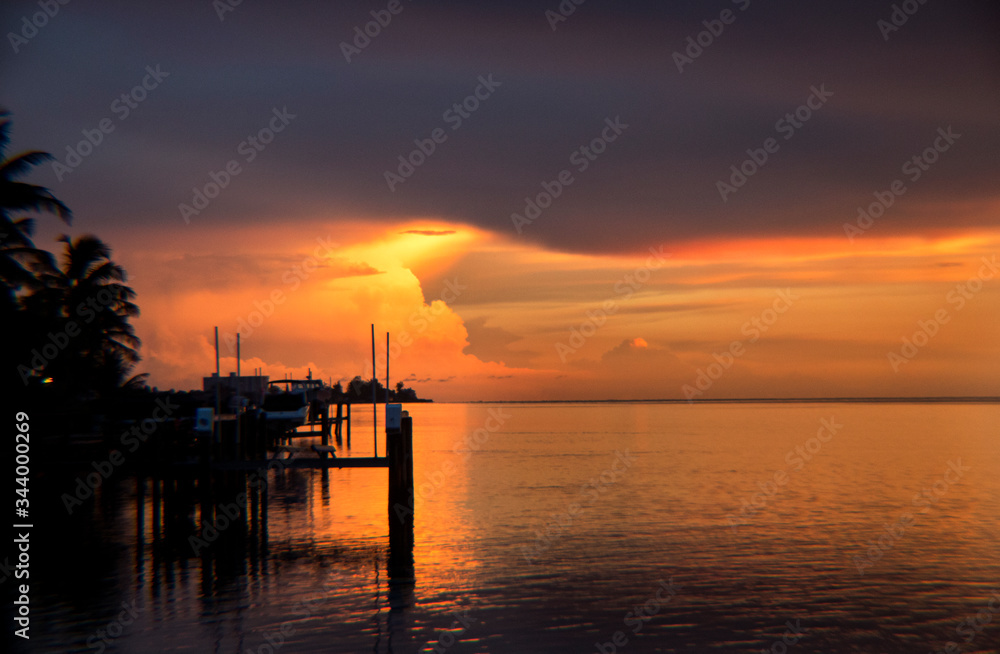 sunset over the sea, water, sky, orange, ocean, landscape, dusk, purple, silhouette, yellow, dock