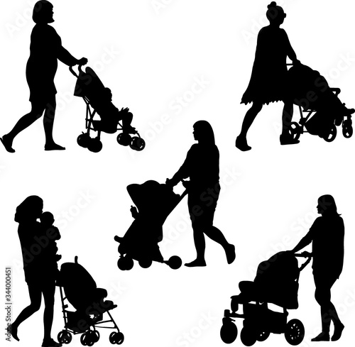 silhouette of mom, baby and pram