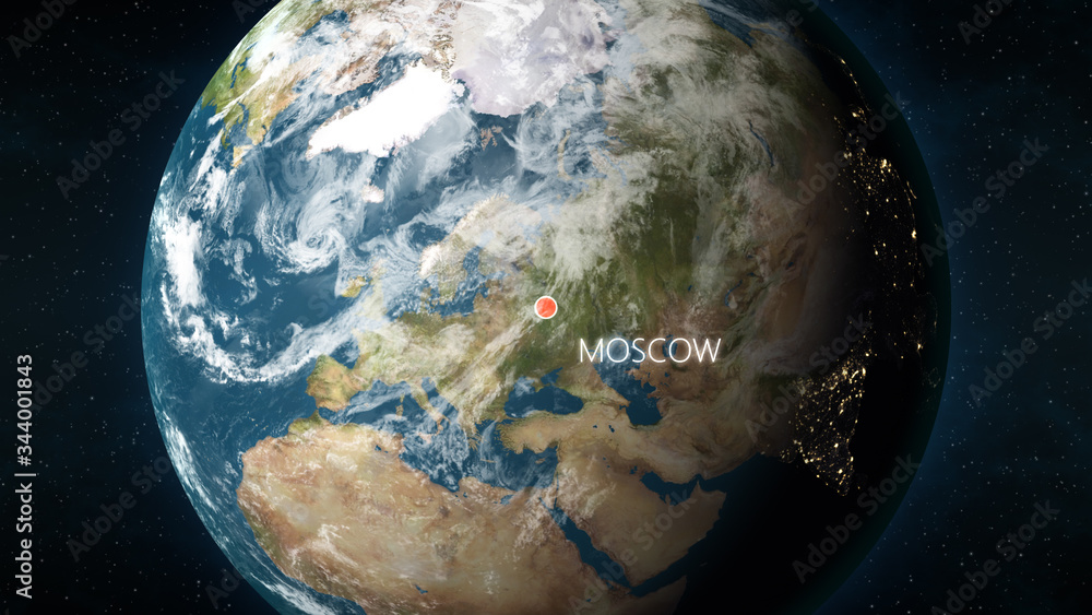 Naklejka premium 3D illustration depicting the location of Moscow, capital of Russia, on a globe seen from space.
